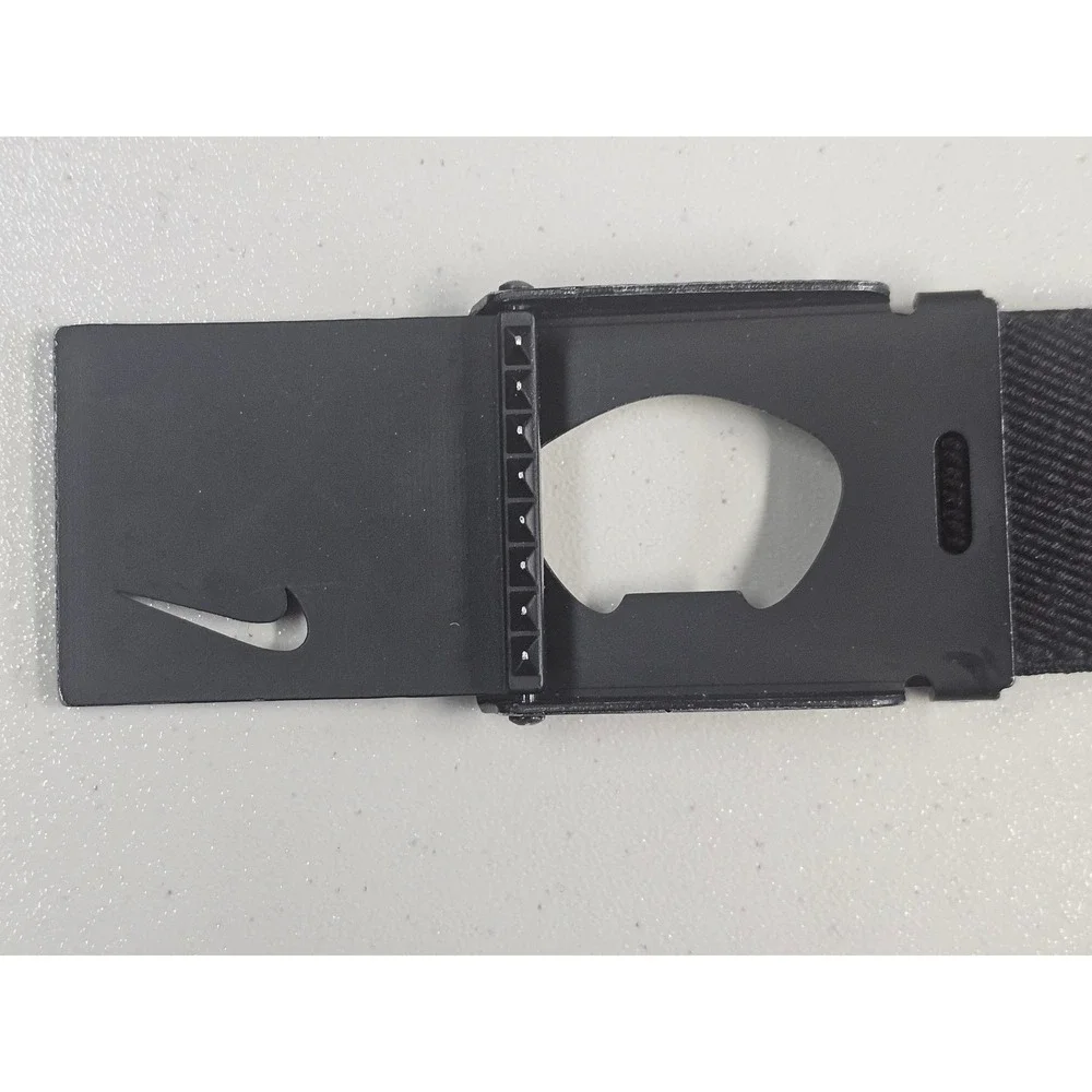 Nike Black Web Belt Plaque Buckle Bottle Opener Swoosh Logo Adjustable Canvas